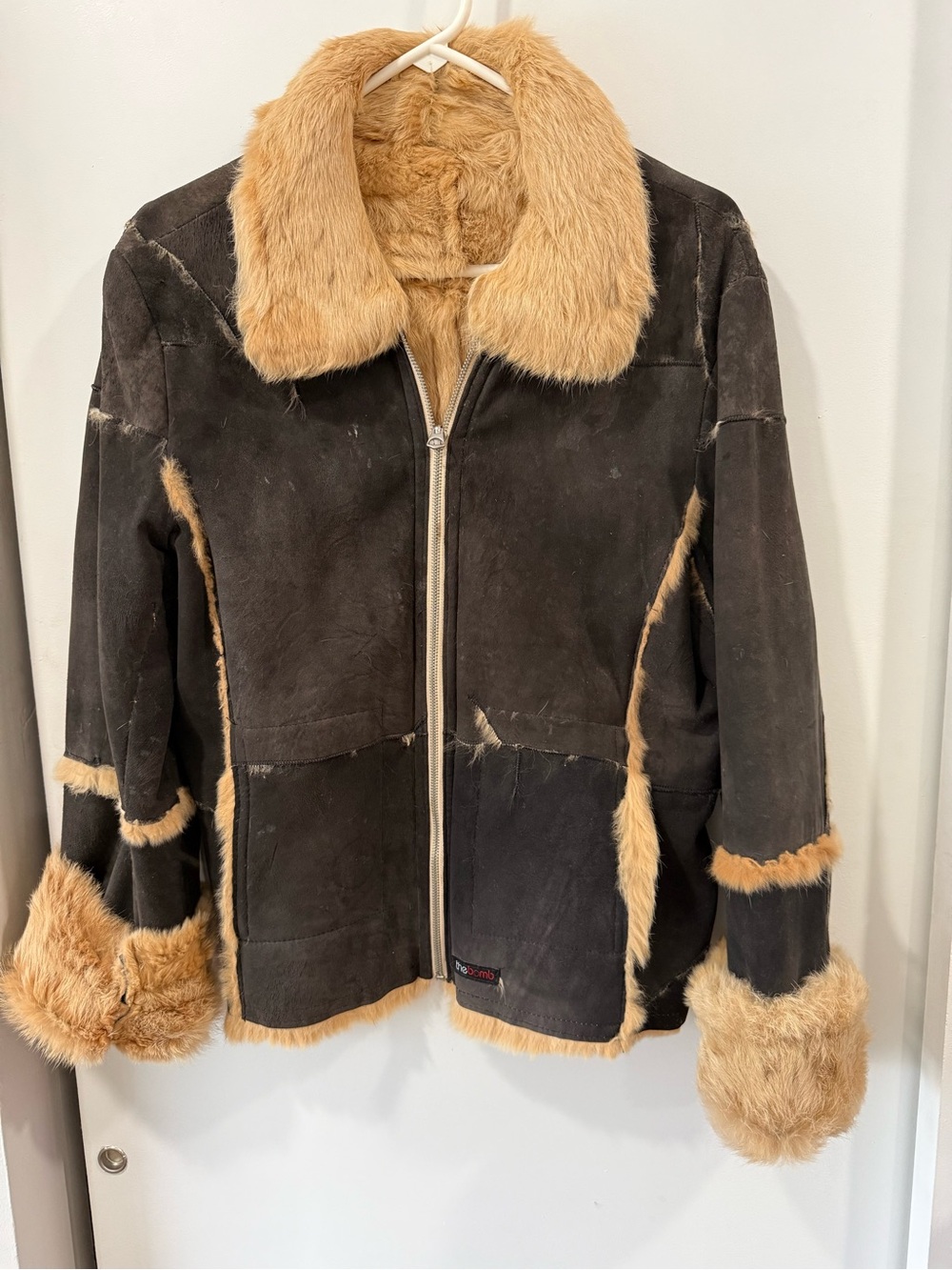 Vintage Y2K Reversible Suede & Real Rabbit Fur Bomber Jacket